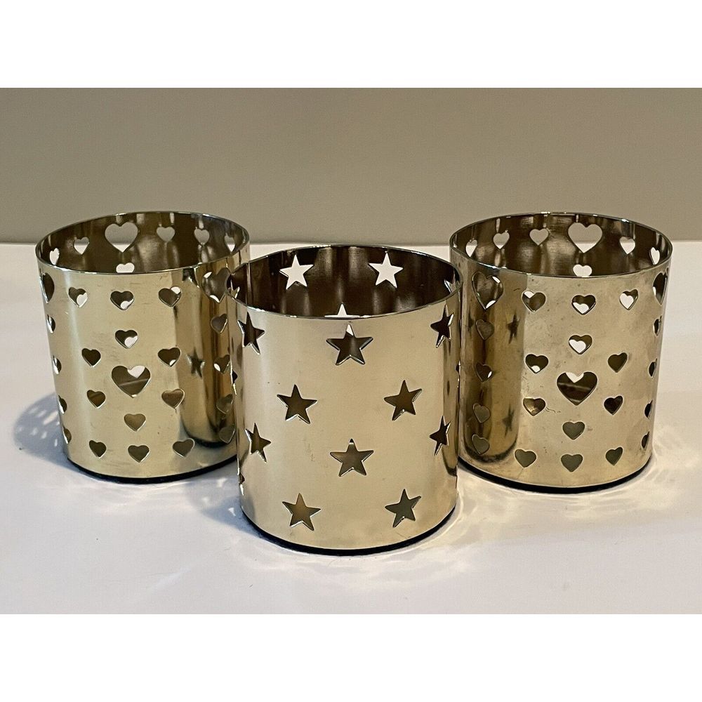 Brass Candle Votive Die Cut Stars & Hearts Vintage Tea Light Holders Lot Of 3‎